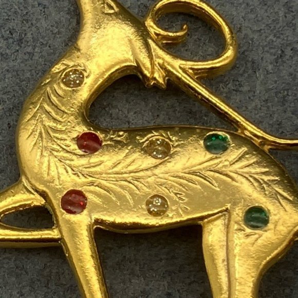 Christmas Pin Brooch Graceful Gold Reindeer Art Deco Rhinestone Red Green - Picture 4 of 6